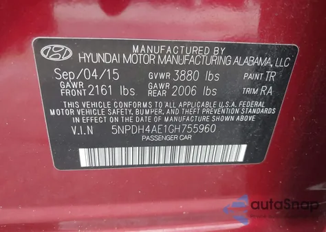 2016 Hyundai Elantra Se z USA, uszkodzony, nr VIN 5NPDH4AE1GH755960